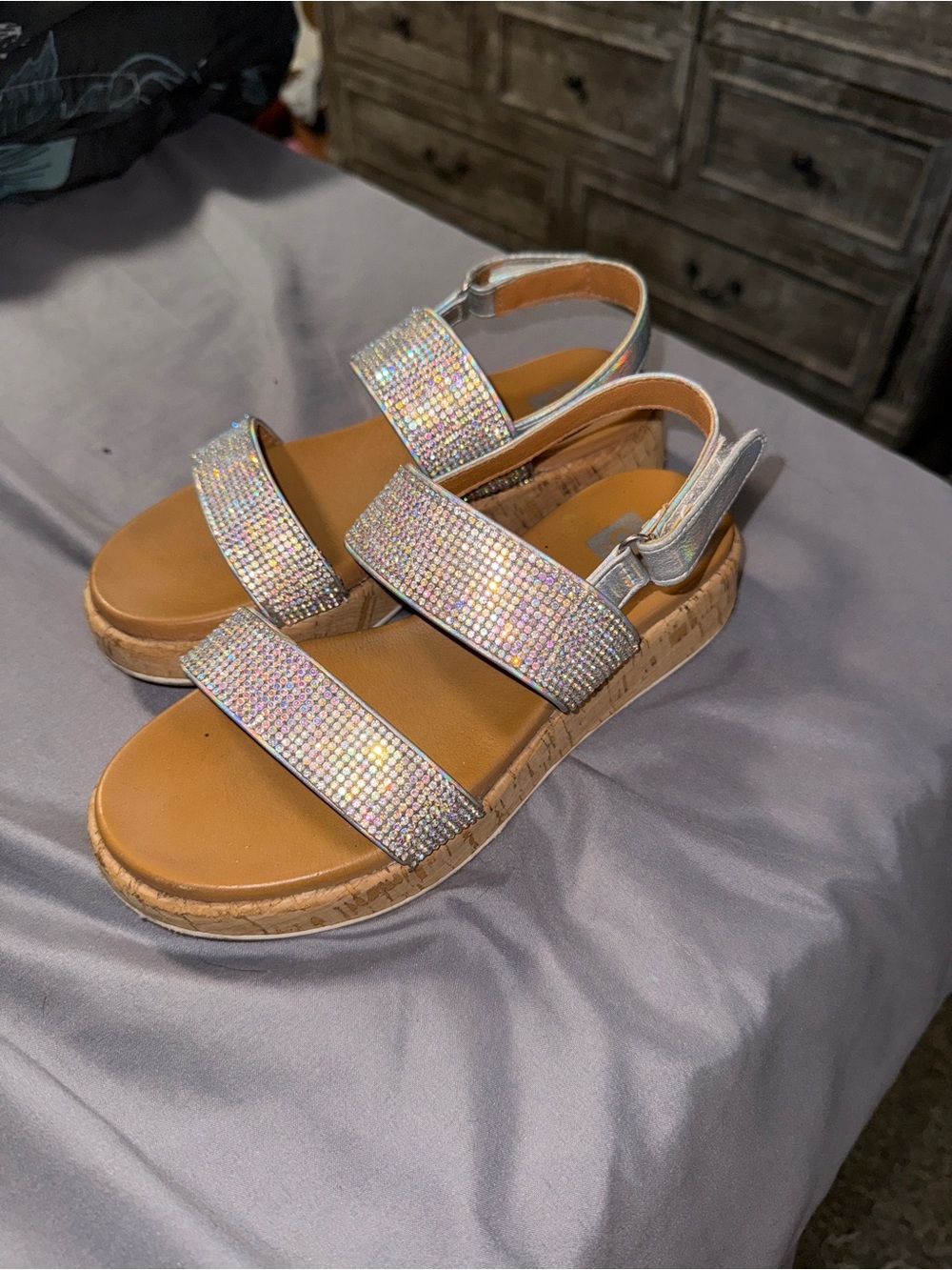 Sparkling Rhinestone Cork Platform Sandals - Silver Straps kids size 2